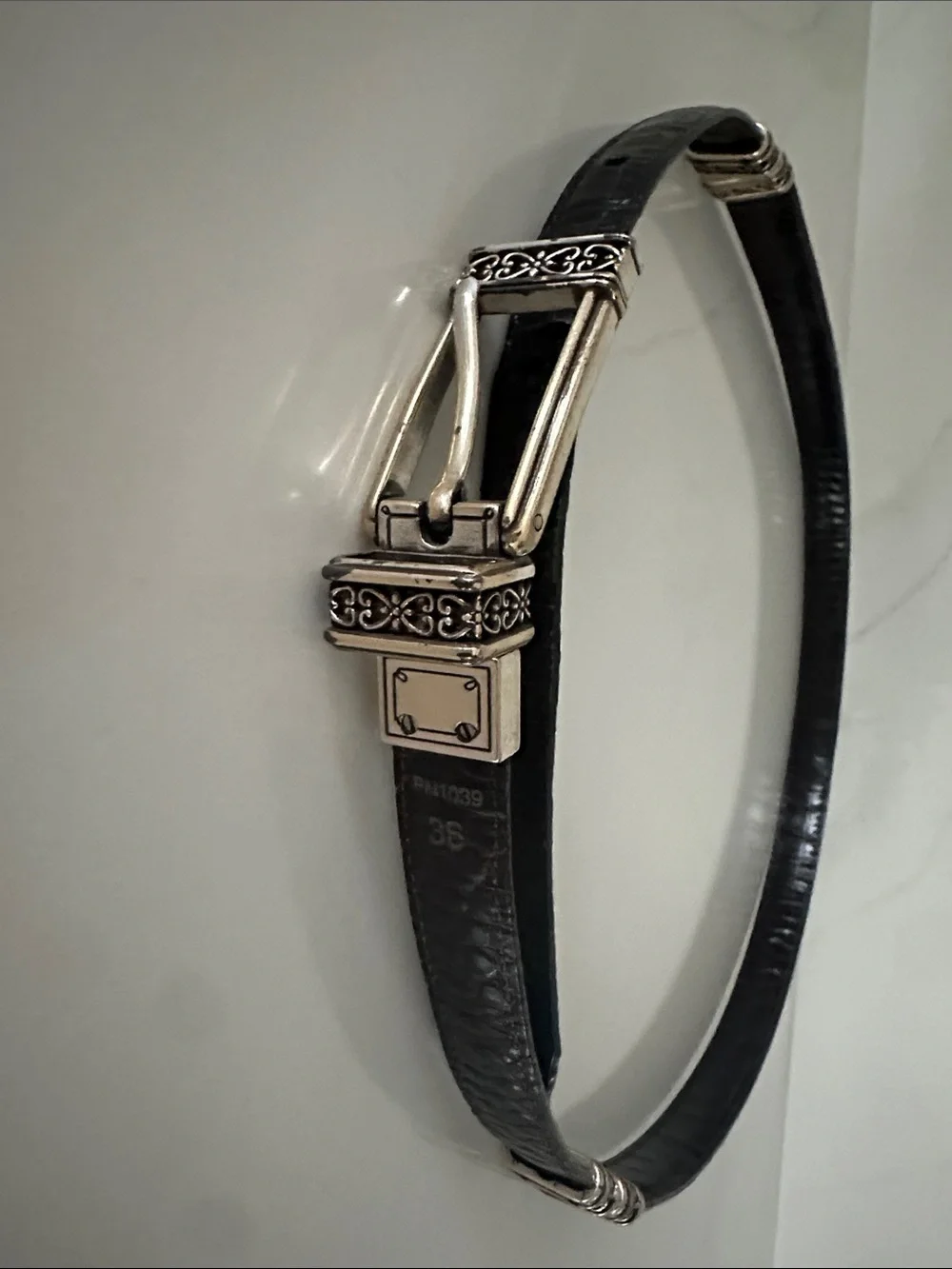 Brighton Black Leather Headband with Silver Decorative Accents. Size 41 inches.